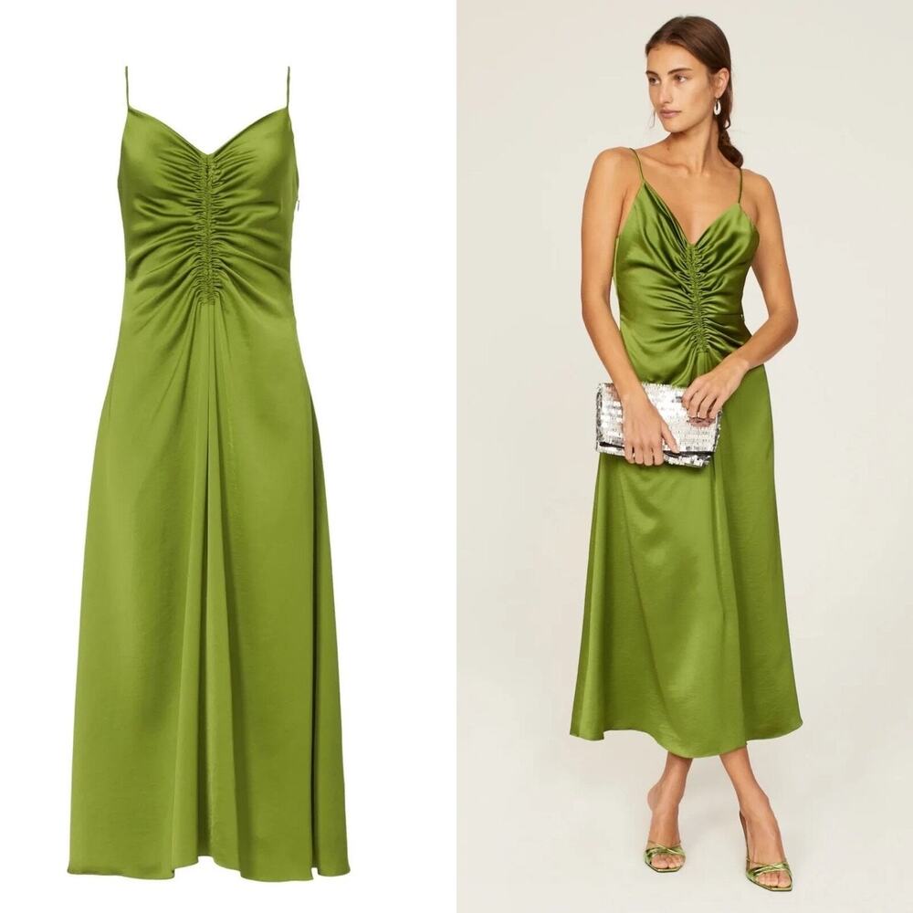 Sandro Zola Green Satin Ruched Front Tie Strap Slip Cocktail Midi Dress Size 4